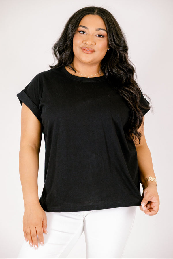Plus Size black crew neck cotton t-shirt with cuffed short sleeves.