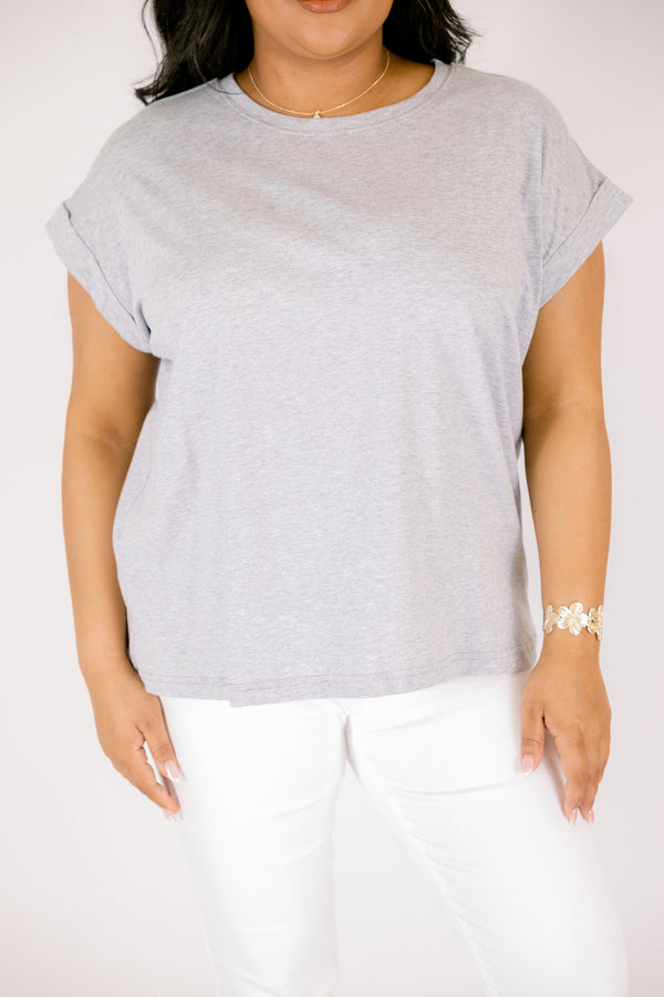 Chic Soul plus size clothing, heather gray short basic tee with short sleeves that have cuffs at the end of each sleeve 