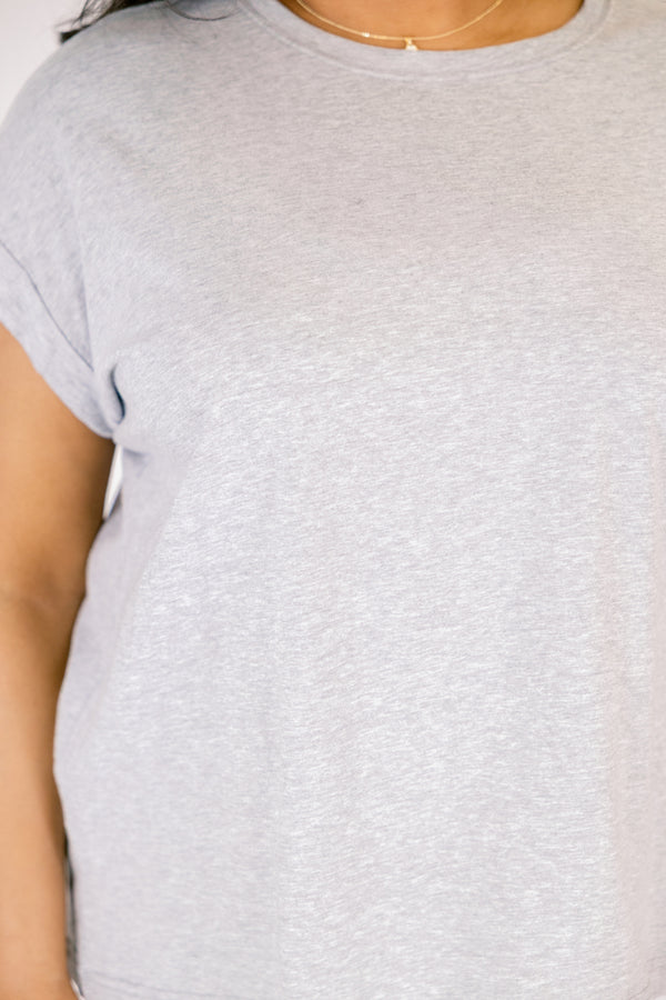 Chic Soul plus size clothing, heather gray short basic tee with short sleeves that have cuffs at the end of each sleeve 