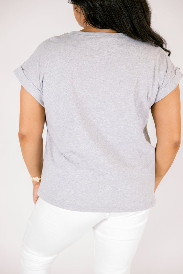 Chic Soul plus size clothing, heather gray short basic tee with short sleeves that have cuffs at the end of each sleeve 