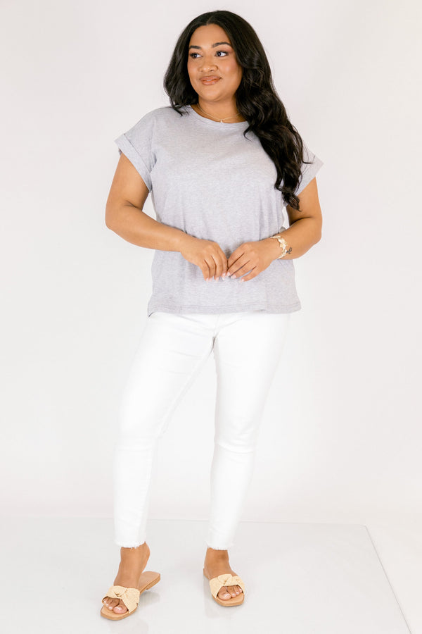 Chic Soul plus size clothing, heather gray short basic tee with short sleeves that have cuffs at the end of each sleeve 
