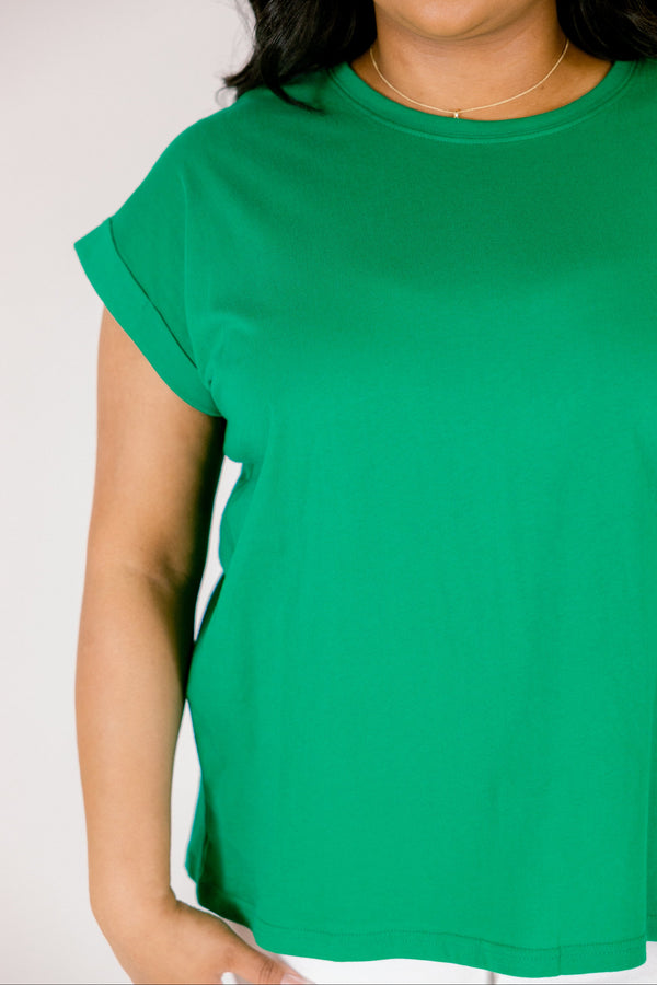 Plus Size kelly green crew neck cotton tee with short cuffed sleeves and a relaxed fit.