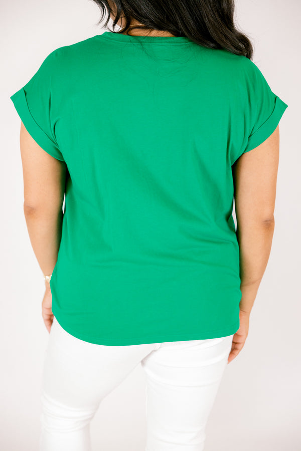 Plus Size kelly green crew neck cotton tee with short cuffed sleeves and a relaxed fit.
