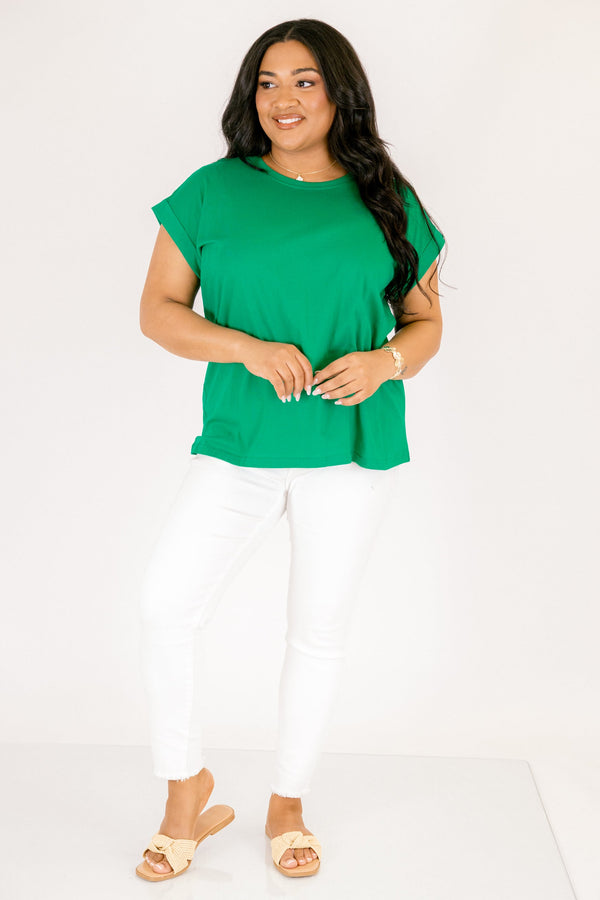 Plus Size kelly green crew neck cotton tee with short cuffed sleeves and a relaxed fit.