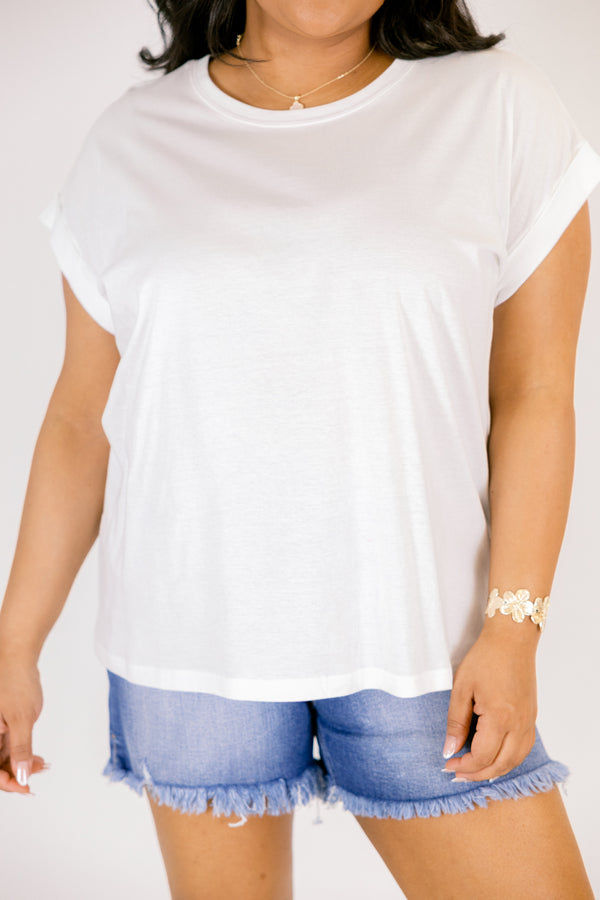 Plus Size white solid crew neck cotton tee with cuffed short sleeves and blue denim frayed shorts.