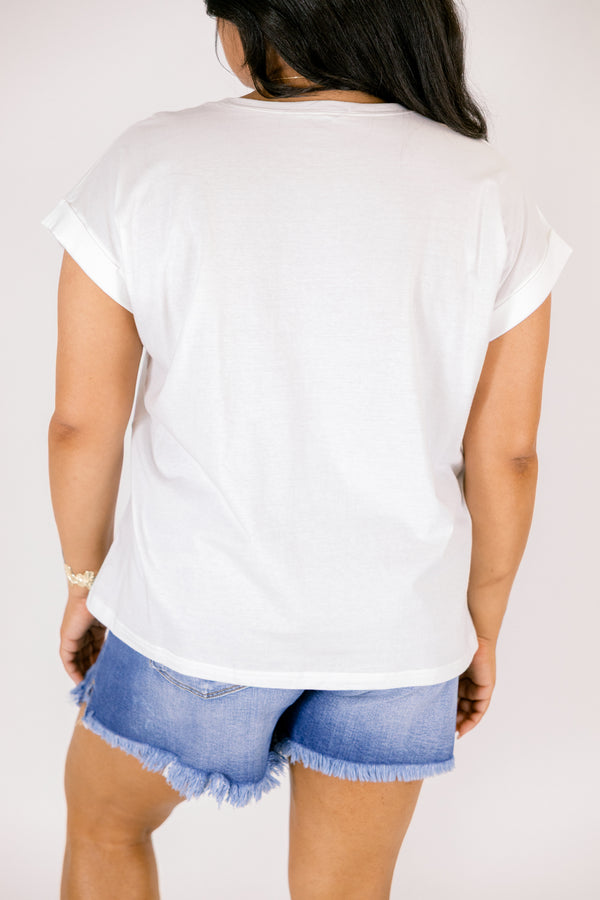 Plus Size white solid crew neck cotton tee with cuffed short sleeves and blue denim frayed shorts.