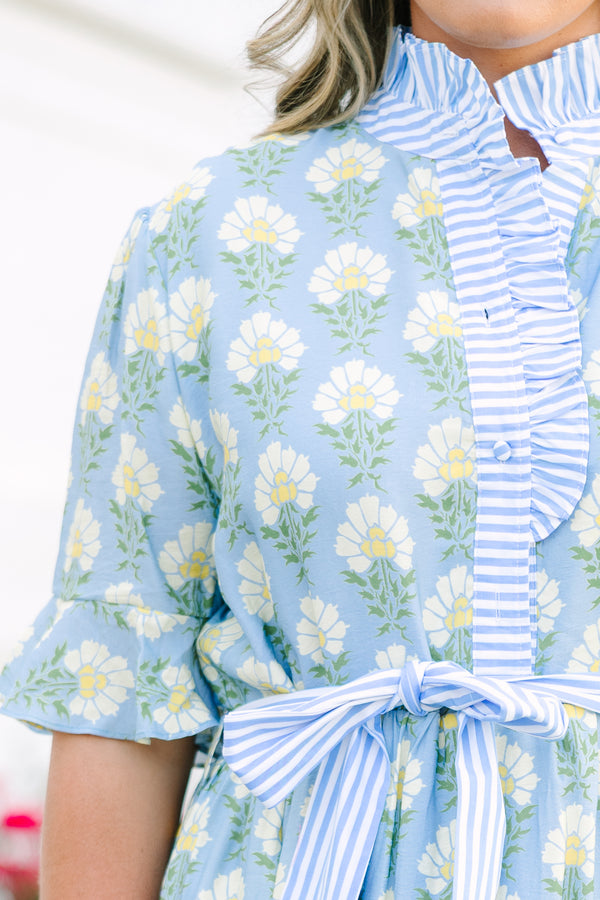 Plus Size blue floral midi dress with a ruffle collar, striped waist tie, and tiered skirt.