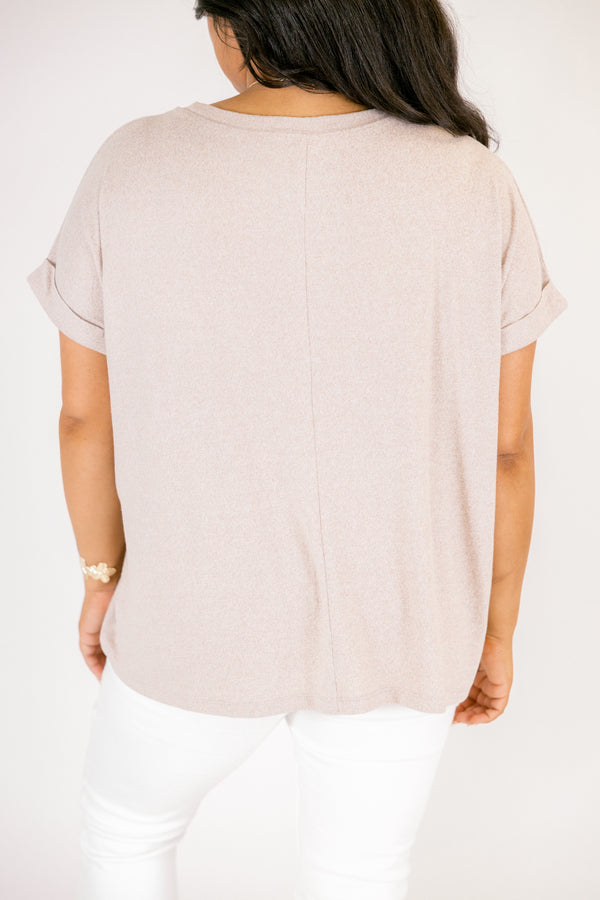 Plus Size ash mocha short sleeve tee in soft mélange hacci fabric with a crew neckline.