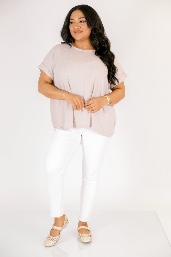 Plus Size ash mocha short sleeve tee in soft mélange hacci fabric with a crew neckline.