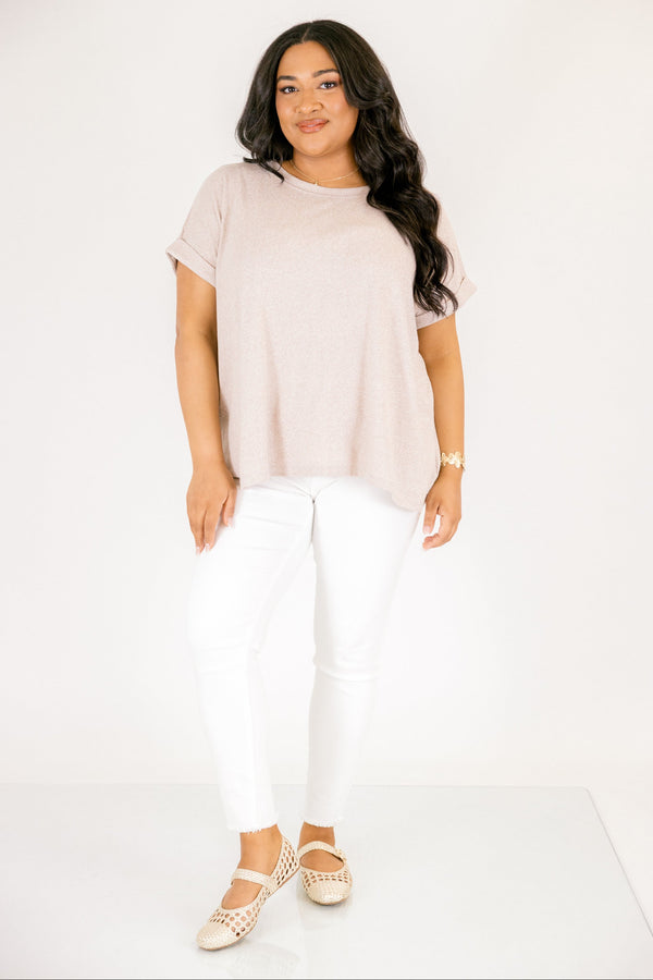 Plus Size ash mocha short sleeve tee in soft mélange hacci fabric with a crew neckline.