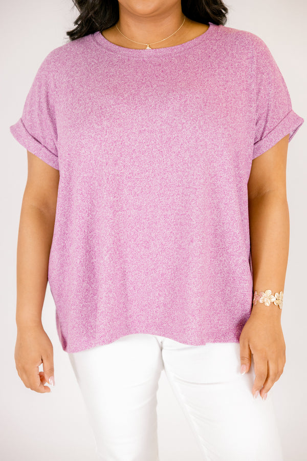 Plus Size light plum mélange hacci tee with short cuffed sleeves and a round neckline.