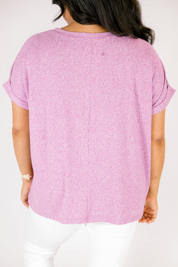 Plus Size light plum mélange hacci tee with short cuffed sleeves and a round neckline.
