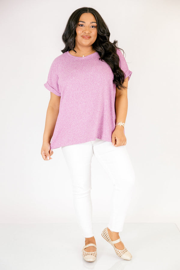 Plus Size light plum mélange hacci tee with short cuffed sleeves and a round neckline.