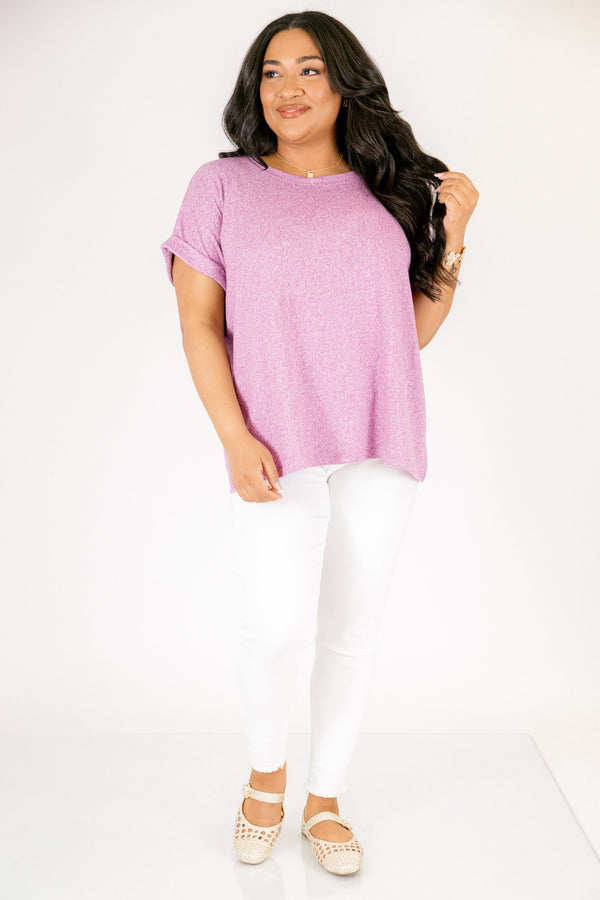 Plus Size light plum mélange hacci tee with short cuffed sleeves and a round neckline.