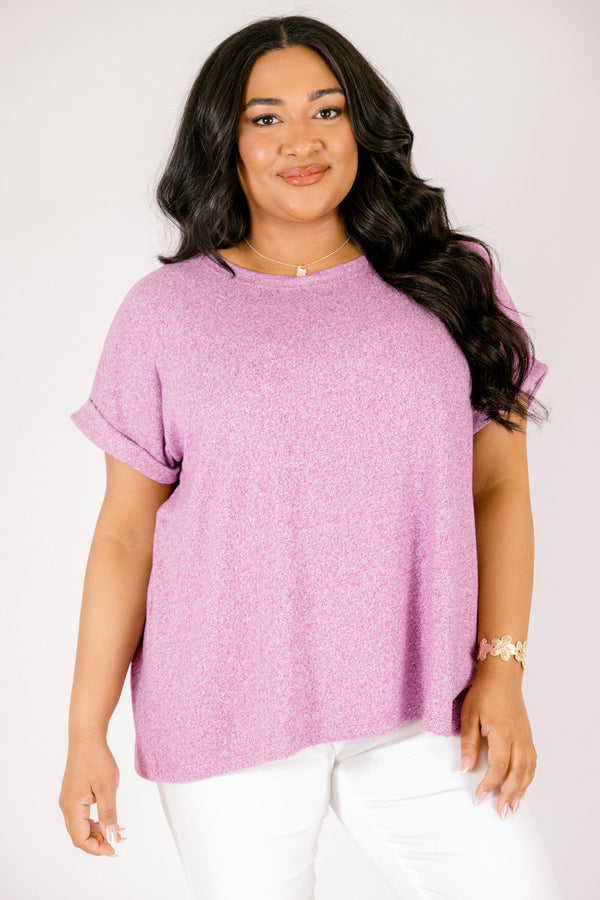 Plus Size light plum mélange hacci tee with short cuffed sleeves and a round neckline.