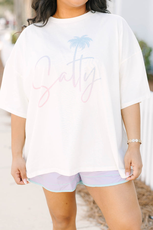Chic Soul plus size clothing, ivory white short sleeve boyfriend tee with 