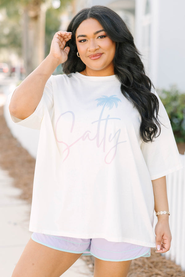 Chic Soul plus size clothing, ivory white short sleeve boyfriend tee with 