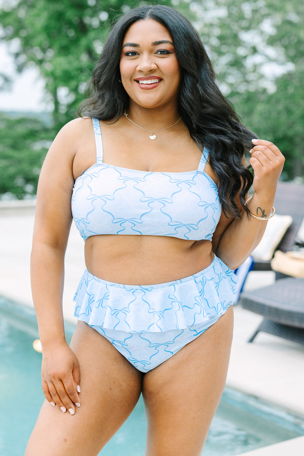Plus Size light blue bikini top with a dark blue ribbon pattern and thin shoulder straps.