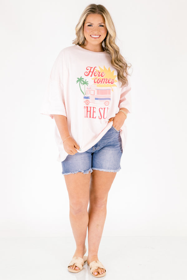 Chic Soul plus size clothing, cream pink short sleeve boyfriend tee with 