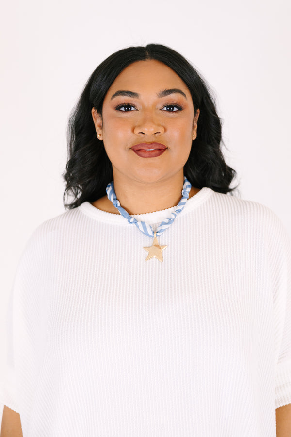 Chic Soul plus size clothing, blue striped scarf necklace with a gold starfish charm on the center of the scarf 