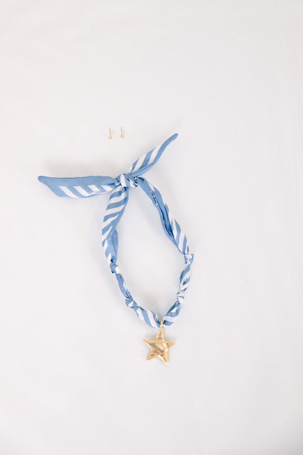 Chic Soul plus size clothing, blue striped scarf necklace with a gold starfish charm on the center of the scard 