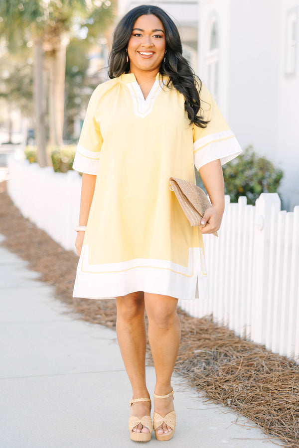 Chic Soul plus size clothing, yellow short sleeve straight cut dress with white trim along the hem, neckline, and sleeves
