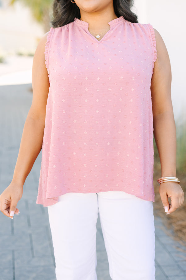 Chic Soul plus size clothing, pink tank top with small ruffle collar and swiss dot pattern