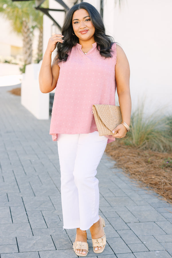 Chic Soul plus size clothing, pink tank top with small ruffle collar and swiss dot pattern