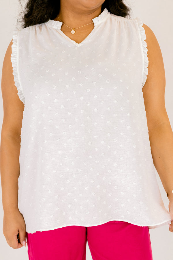 Chic Soul plus size clothing, white ruffle sleeve tank top with v neck cutout and white dot texturing