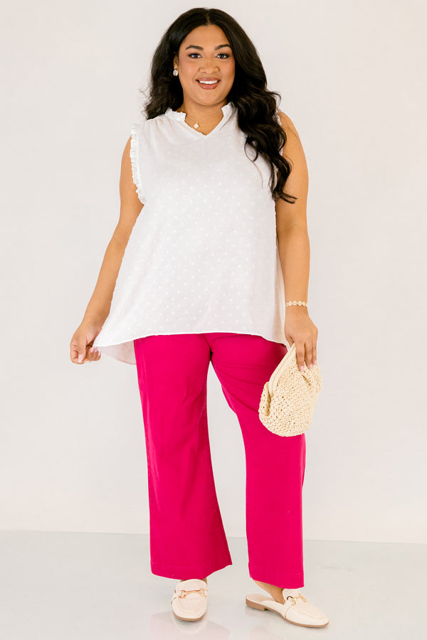 Chic Soul plus size clothing, white ruffle sleeve tank top with v neck cutout and white dot texturing