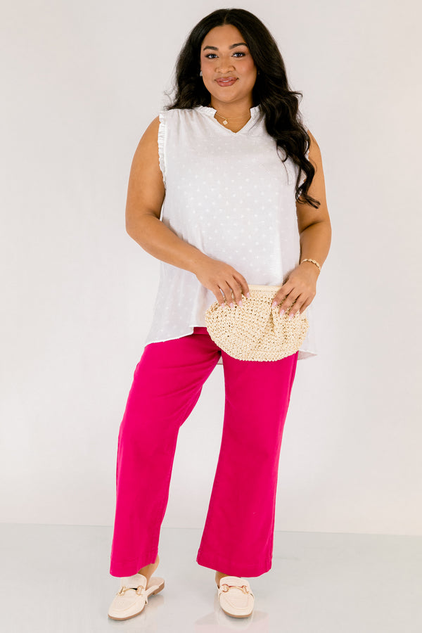 Chic Soul plus size clothing, white ruffle sleeve tank top with v neck cutout and white dot texturing