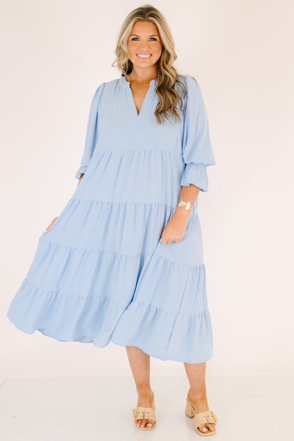 Chic Soul plus size clothing, light blue tiered maxi dress with half sleeves that have a ruffle detail on the bottom of each sleeve as well as a v-neckline 