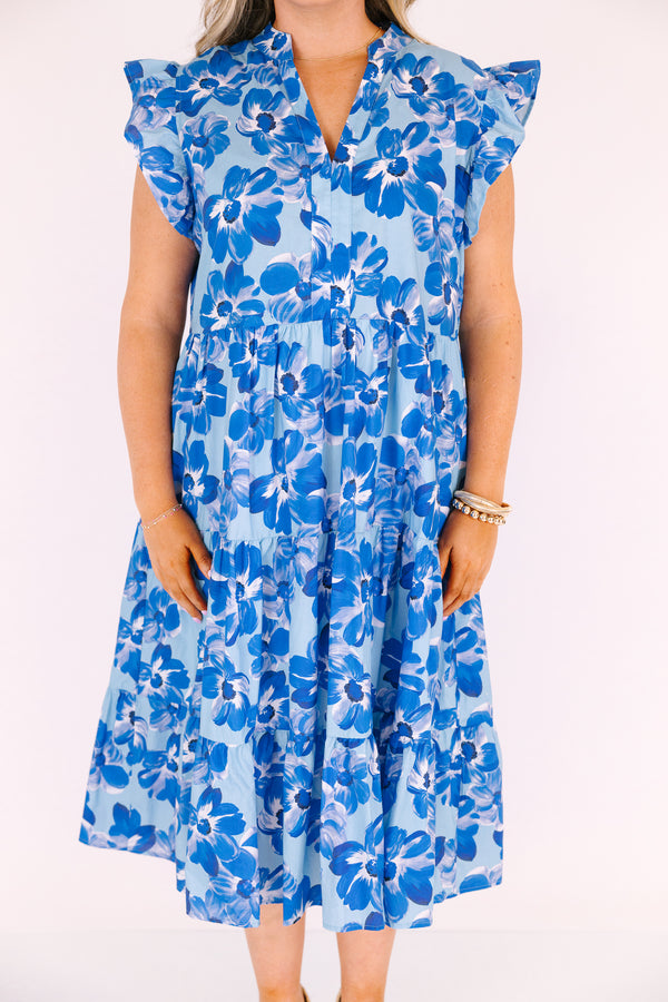 Chic Soul plus size clothing, 2 toned blue floral print tiered midi dress with ruffle cap sleeves and v neck cutout