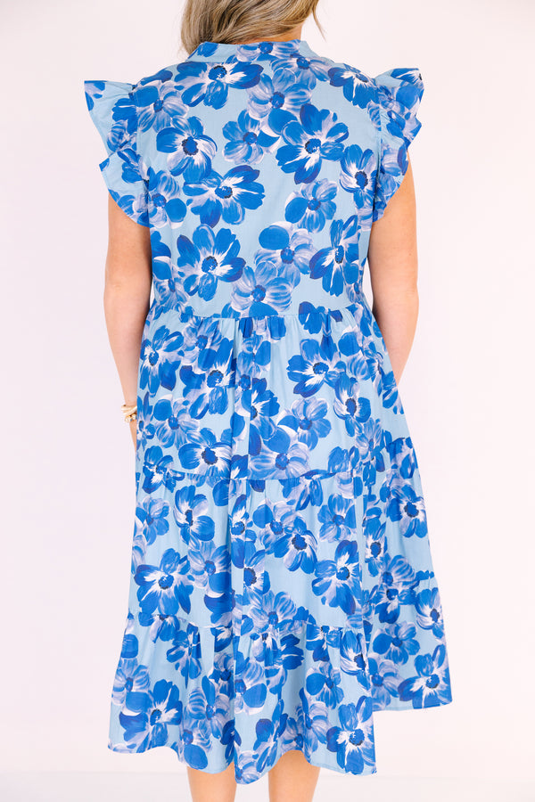 Chic Soul plus size clothing, 2 toned blue floral print tiered midi dress with ruffle cap sleeves and v neck cutout