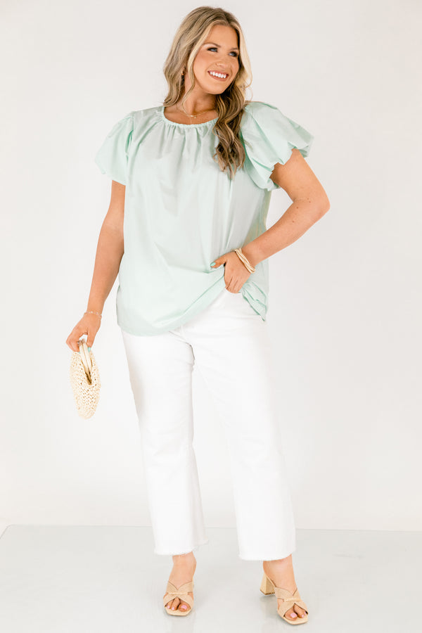 Chic Soul plus size clothing, light mint green short puff sleeve crew neck top