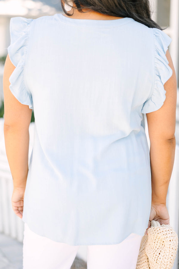 Chic Soul plus size clothing, blue tank with a slight v-neckline and flutter sleeves 