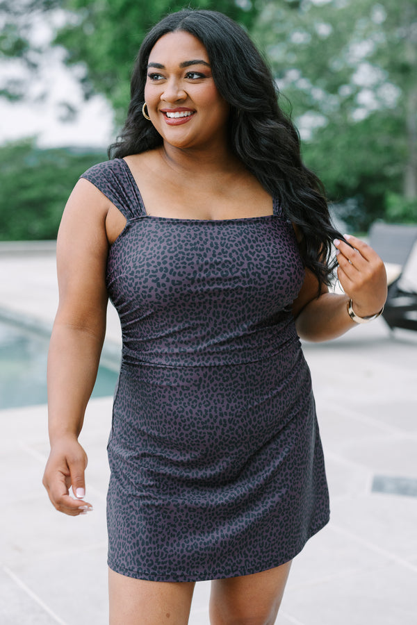 Plus Size leopard print swim dress with a square neckline and ruched bodice in dark brown.