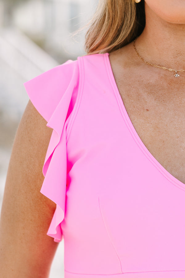 Chic Soul plus size clothing, candy pink one piece with a deep v-neckline and flutter sleeves 