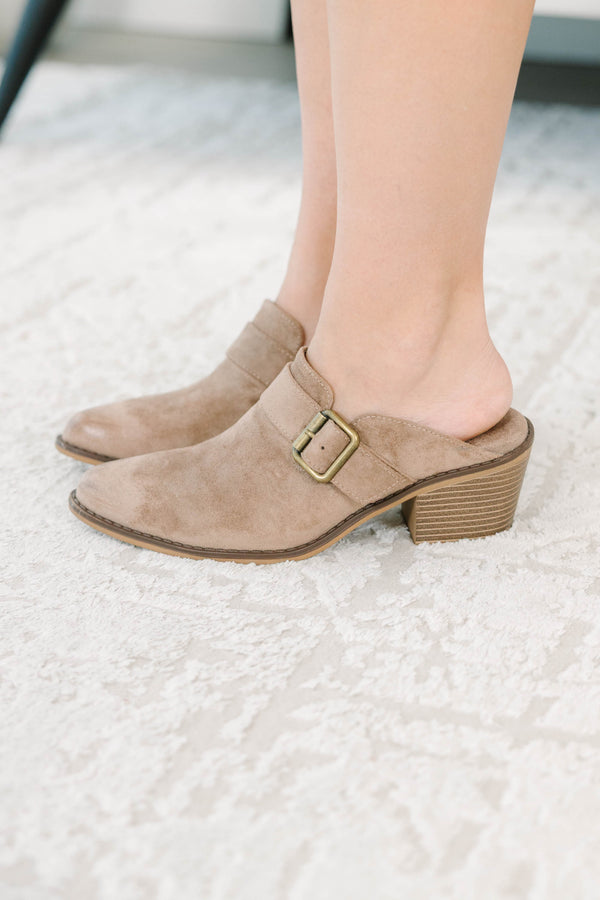 Plus Size taupe faux suede pointed-toe mules with an adjustable buckle strap and block heel.