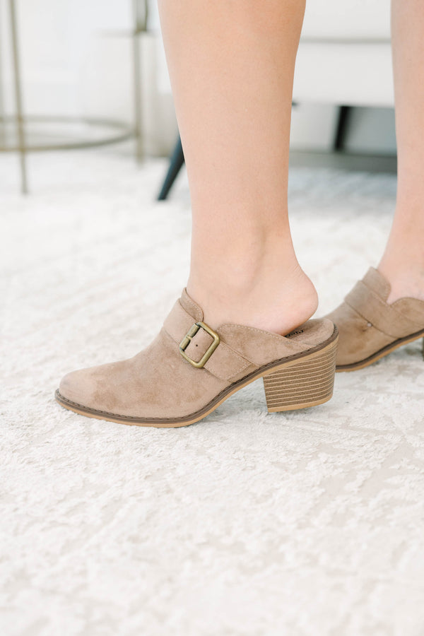 Plus Size taupe faux suede pointed-toe mules with an adjustable buckle strap and block heel.