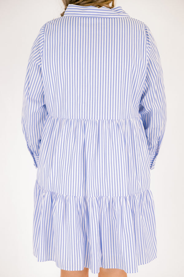 Chic Soul plus size clothing, light blue and white vertical stripe long sleeve tiered button up mini dress with a collar and cuffed sleeves