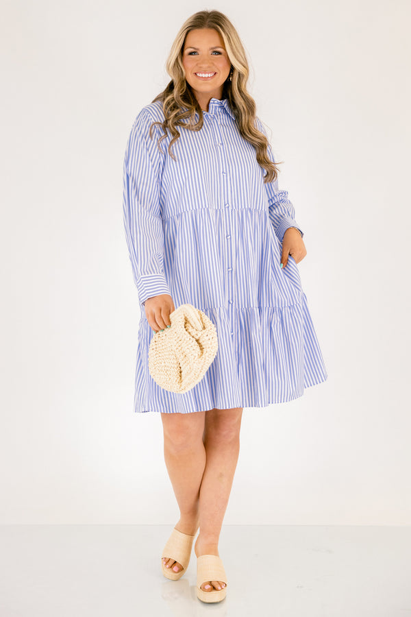 Chic Soul plus size clothing, light blue and white vertical stripe long sleeve tiered button up mini dress with a collar and cuffed sleeves