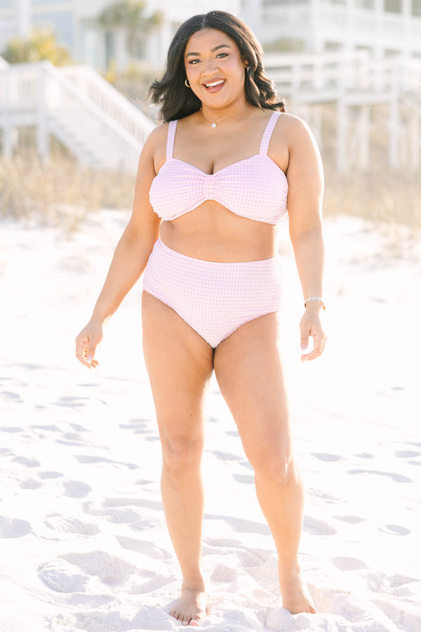 Chic Soul plus size clothing, pink gingham high waisted swim bottoms 