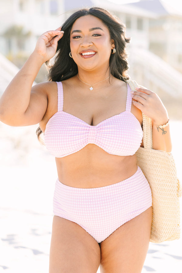 Chic Soul plus size clothing, pink gingham bow shaped swim top  