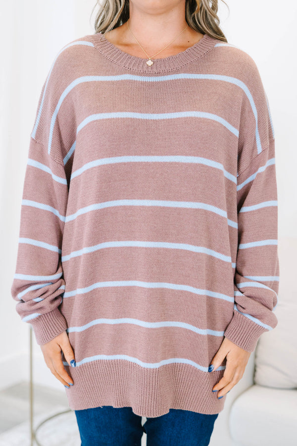Plus Size brown and light blue horizontal striped knit sweater with a relaxed fit and crew neck.