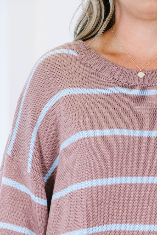 Plus Size brown and light blue horizontal striped knit sweater with a relaxed fit and crew neck.