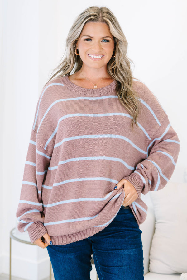 Plus Size brown and light blue horizontal striped knit sweater with a relaxed fit and crew neck.