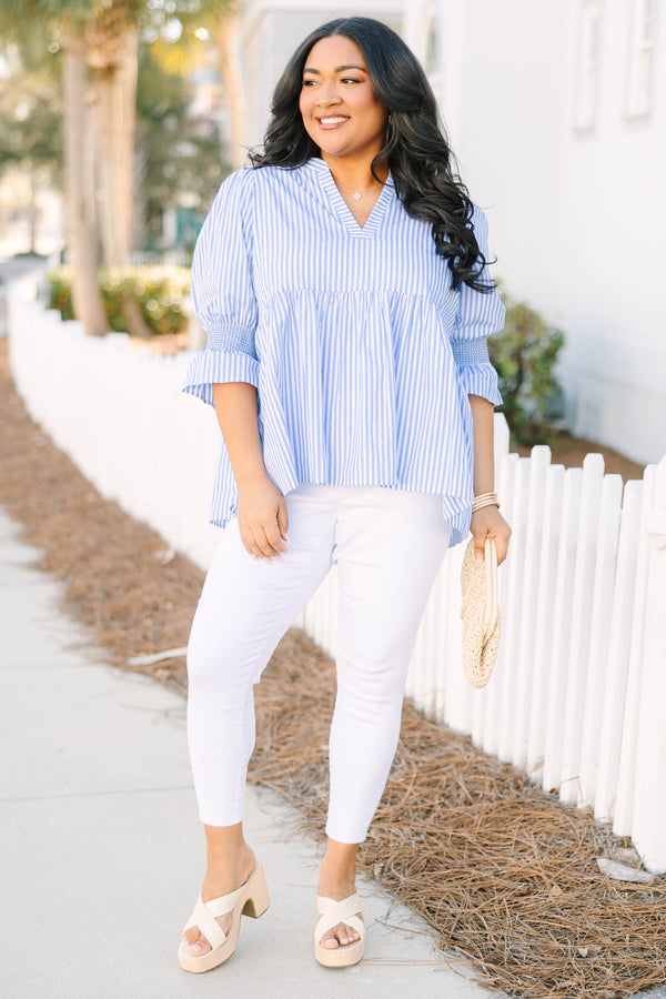 Chic Soul plus size clothing, blue and white vertical pin stripe midi sleeve top with v-neckline and empire waistline