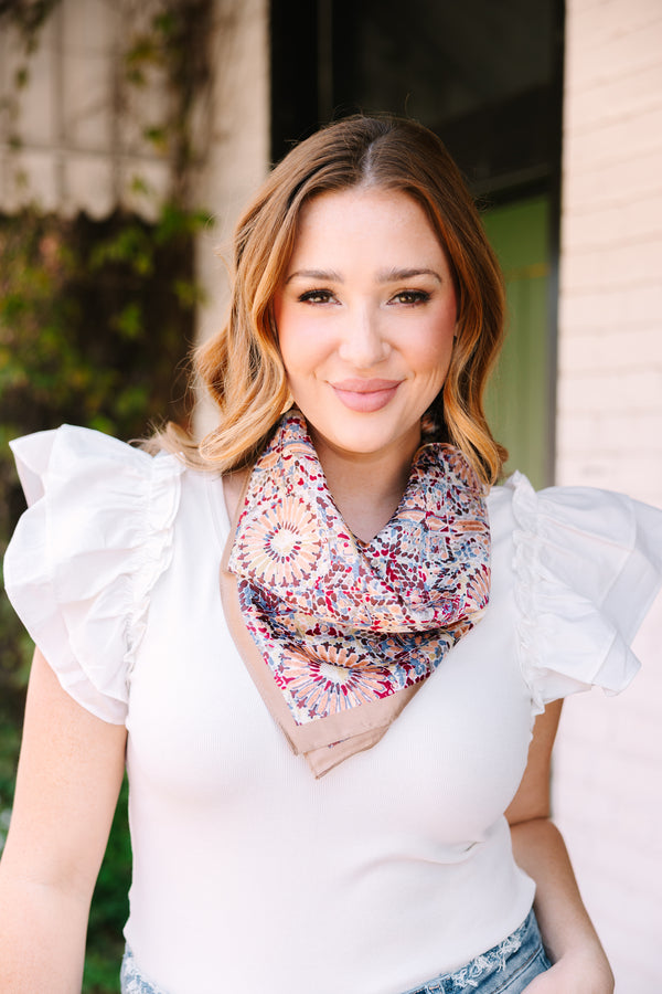 Chic Soul plus size clothing, beige scarf with a multi color abstract circle pattern throughout and a beige boarded 