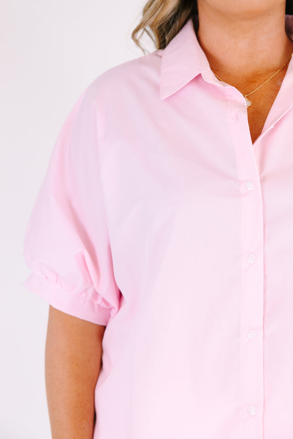 Chic Soul plus size clothing, pink short sleeves button up top with short sleeves that have cuffs at the bottom of each sleeve and a collar 